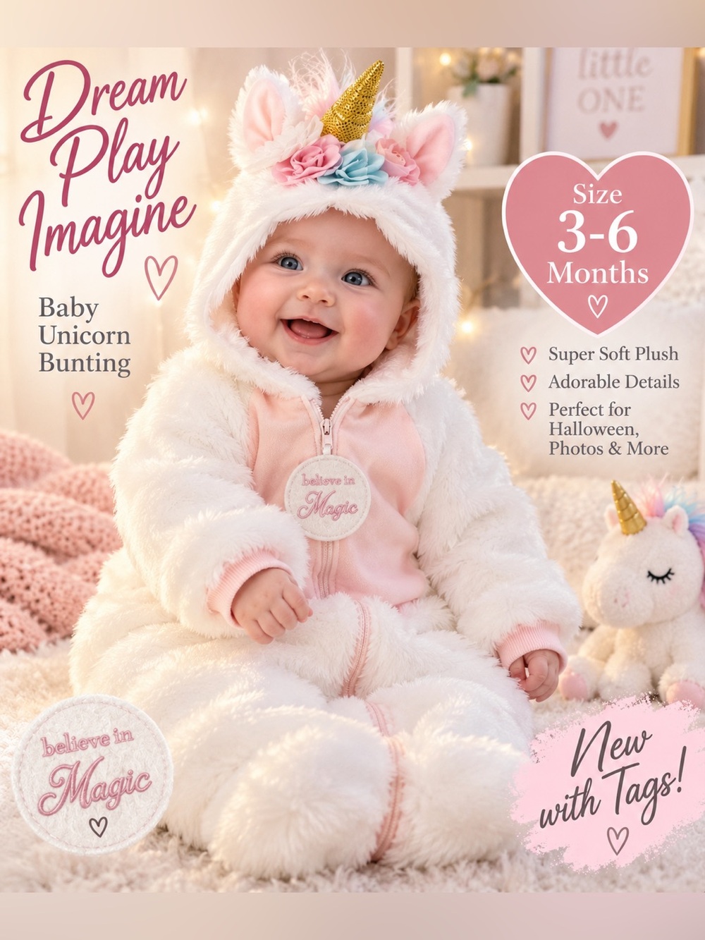 Dream Play Imagine Baby Unicorn Plush Bunting Costume 3-6M NWT